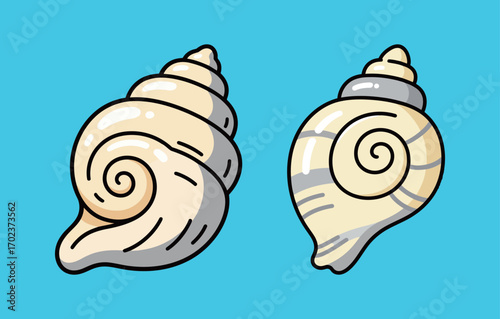 Two beautifully detailed spiral seashells on a bright blue background, a symbol of the beach, ocean, nature, and summer holiday memories.