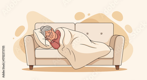 Elderly Woman Enjoys Comfortable Nap on a Cozy Sofa in a Relaxing Cartoon Illustration