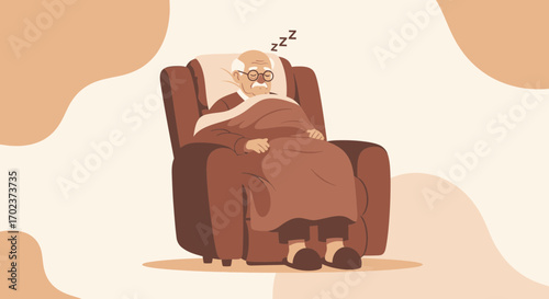 Elderly Man Napping Comfortably in Recliner with Blanket and Peaceful Background