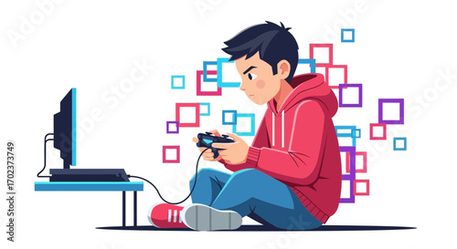 Focused Young Man Immersed In Playful Digital Gaming Action Experience On Computer System