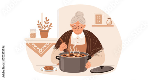 Elderly Woman Preparing Delicious Soup In Cozy Kitchen Setting With Warm Lighting