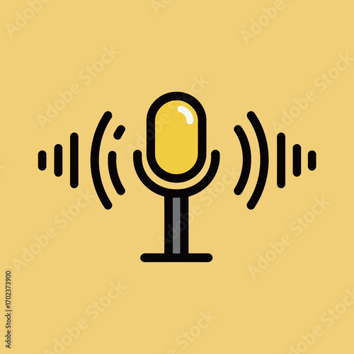 A stylish yellow and black microphone with sound waves, a concept of podcasts, recording audio, broadcasting, and voice communication.