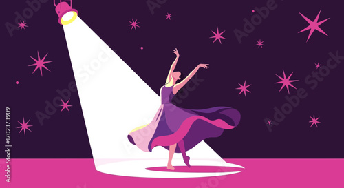 Elegant Ballet Dancer Illuminated On Stage Amidst Glowing Starry Night Illustration