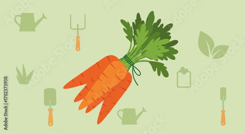 Freshly Harvested Carrots And Garden Tools Illustrative Design On Light Green Background