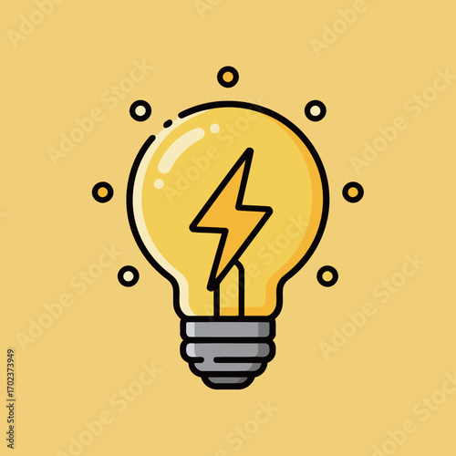 A glowing yellow lightbulb with a lightning bolt inside, a symbol of a bright idea, innovation, inspiration, and creative thinking.