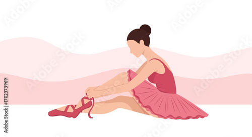 Elegant Ballerina Tying Her Pointe Shoes Before Dance Practice in Pink Attire Presentation