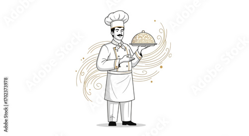 Elegant Chef Presenting Gourmet Dish on Decorative Platter in Minimalist Style
