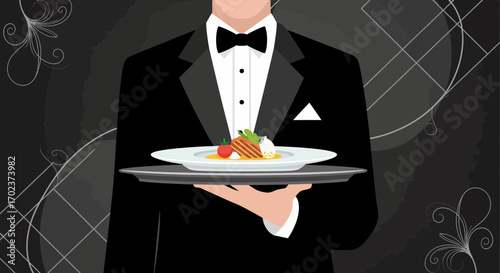 Elegant Butler Presenting Gourmet Cuisine On A Silver Platter In A Fine Dining Setting