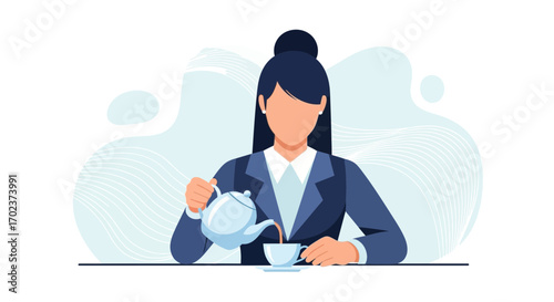 Elegant Businesswoman Pouring Tea into a Cup During a Relaxing Moment