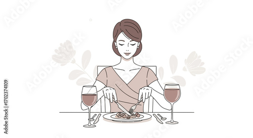 Elegant Dining: Woman Savoring Dinner with Wine, Delicate Illustration in Minimal Style