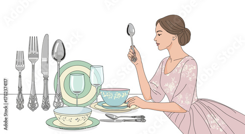 Elegant Dinner Table Setting with Woman Focusing on Spoon and Cutlery Preparation