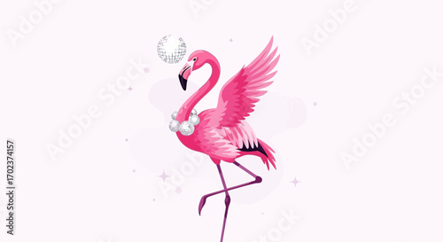 Elegant Flamingo Posing With Disco Ball, Party Bird, Pink, And Sparkle Illustration