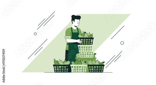 Fruit Seller Stacking Baskets With Fresh Pears for Sale in Market