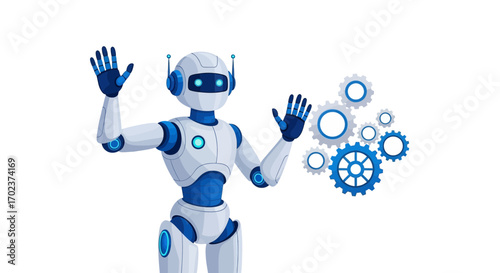 Futuristic Artificial Intelligence Robot Gesturing Towards Mechanical Gears And Cogs