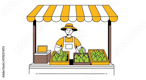 Fruit Vendor At Farmers Market Displaying Fresh Produce Under A Sunny Canopy