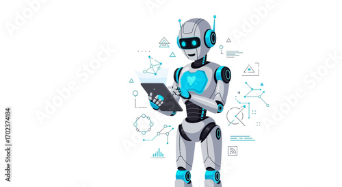 Futuristic Robot Engaged In Data Analysis And Technological Advancements Illustration