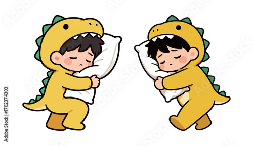 Two cute children wearing dinosaur pajamas and sleeping while hugging pillows, representing childhood, rest, comfort, and dreams.