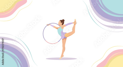 Elegant Rhythmic Gymnast Demonstrating Graceful Movement With Hoop and Vibrant Background