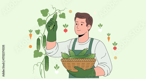 Gardener Harvesting Fresh Cucumbers From A Vine, Illustration of Organic Crop Bounty
