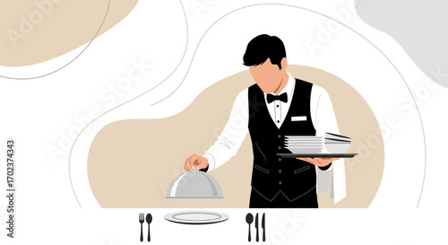 Elegant Server Preparing Food Service With Tray and Tableware in a Modern Dining Setting