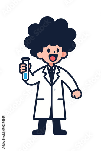 A happy scientist boy in a lab coat holding a test tube, a concept of science, education, experiments, and discovery.