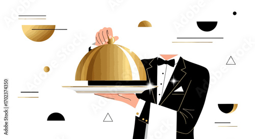 Elegant Server Presenting Dish: A Striking Illustration in Gold and Black Minimalistic Style