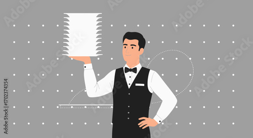 Elegant Server Presenting a Stack of Plates Against a Stylish Background