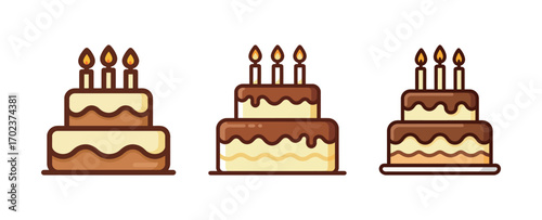 Three festive two-tier birthday cakes with lit candles, symbolizing celebration, parties, and special occasions.