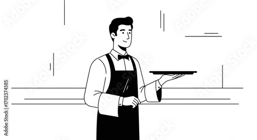 Elegant Service Illustration Depicting a Smiling Waiter with a Tray in a Minimalist Style