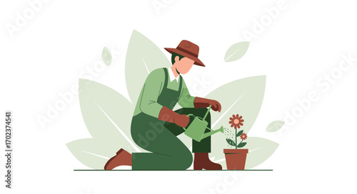 Gardener Watering Blooming Flowers: A Vibrant Illustration Showcasing Growth and Cultivation