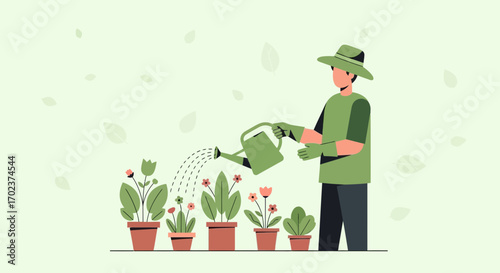 Gardener Watering Flowers In Pots During A Sunny Day, Illustration Artwork