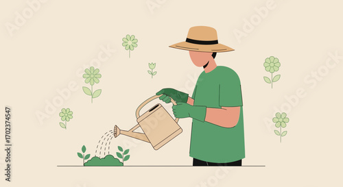 Gardener Watering Plants in a Garden with Abstract Floral Elements for Design Purpose
