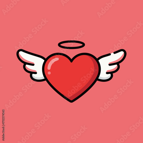 A red heart with white angel wings and a halo, symbolizing love, romance, spiritual emotions, and purity.