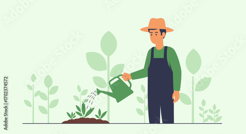 Gardener Watering Plants in Minimalist Style, Cultivating and Nurturing New Growth Effortlessly