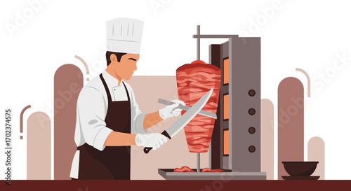Gastronomic Illustration Of A Chef Slicing Meat From A Rotating Vertical Spit