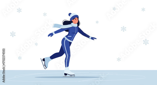 Elegant Winter Sports Person Ice Skating Under Gentle Snowfall In The Cold Season