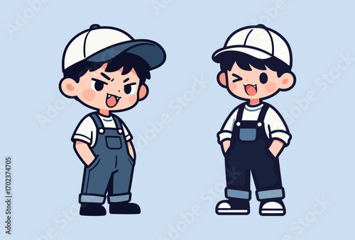 Two cartoon boy characters in blue denim overalls and white t-shirts with baseball caps, standing together on a light blue background.