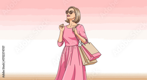 Elegant Woman Out And About in Pink Dress with Shopping Bags Enjoying Summer Vibes.