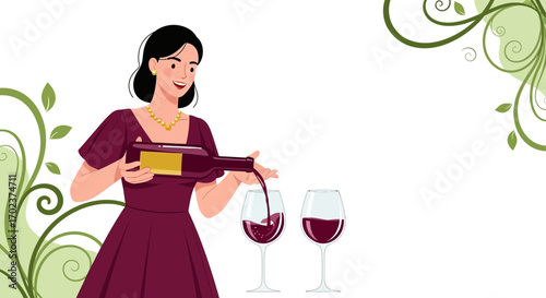 Elegant Woman Pouring Wine Into Glasses Against a White Background With Greenery Accents