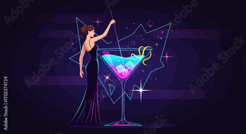 Elegant Woman Preparing a Neon Cocktail in a Vibrant Evening Setting