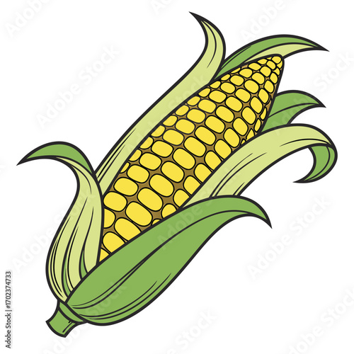 Stylized yellow corn cob with green husks and black outline maize grain