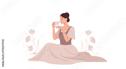 Gentle Lady in Elegant Dress Enjoying Tea Amidst Floral Embellishments