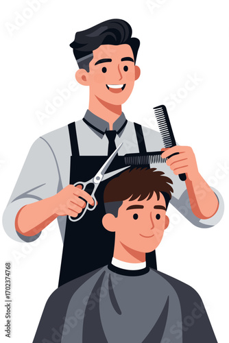 A male barber cutting a young man's hair with scissors and a comb, symbolizing professional hairstyling and beauty services on a white background.