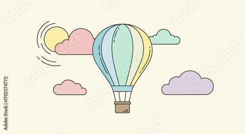 Gentle Sky Journey: Pastel Hot Air Balloon Ascending Towards Blissful Horizons