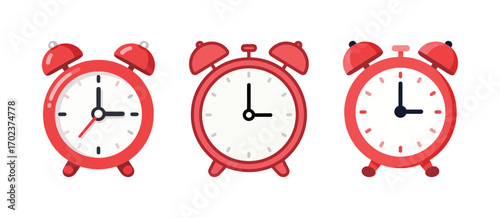 Three red vintage alarm clocks with bells on top, showing different times and representing time, punctuality, and deadlines on a white background.