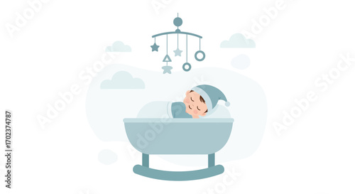 Gentle Slumber: Adorable Baby Sleeping Peacefully In A Rocking Crib with Mobile Above