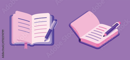 Two open notebooks with pens, symbolizing writing, studying, planning, and creative ideas on a vibrant purple background.