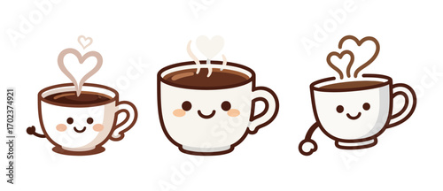 Three cute cartoon coffee cups with heart-shaped steam, representing love, warmth, and a cozy coffee break.