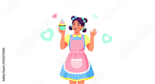 Enchanting Young Baker Offering Cupcake Deliciousness Smiling Joyfully With Hearts