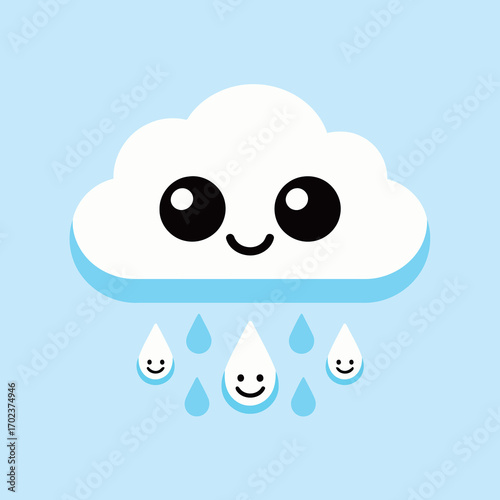 A cute cartoon cloud with a happy face and raindrops with little smiles, representing a cheerful and gentle rain shower on a light blue background.